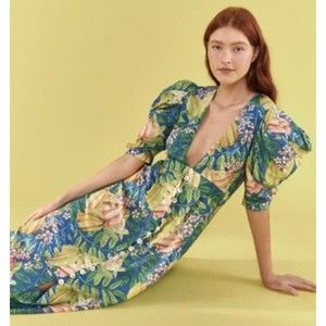 Farm Rio Star Fruits Dress Size Large Tropical Puff Sleeve Midi Length Plunging